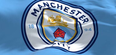 Manchester, İngiltere, Mayıs 2022: Manchester City bayrağının dalgalandığı kumaş arka plan. Manchester F.C. Bradford, Manchester merkezli profesyonel futbol kulübüdür.
