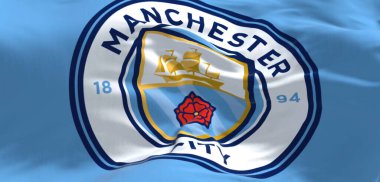 Manchester, UK, May 2022: Fabric background with the Manchester City Flag waving. Manchester F.C. is a professional football club based in Bradford, Manchester