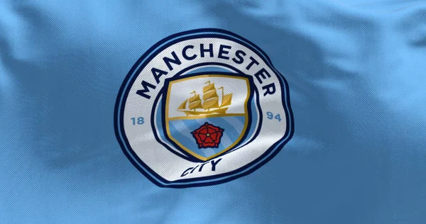 Manchester Mei 2022 Stofachtergrond Met Manchester City Flag Zwaaien Verenigd — Stockfoto