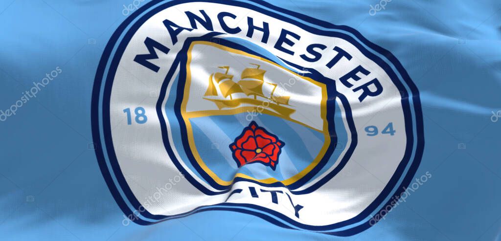 Manchester, UK, May 2022: Fabric background with the Manchester City Flag waving. Manchester F.C. is a professional football club based in Bradford, Manchester