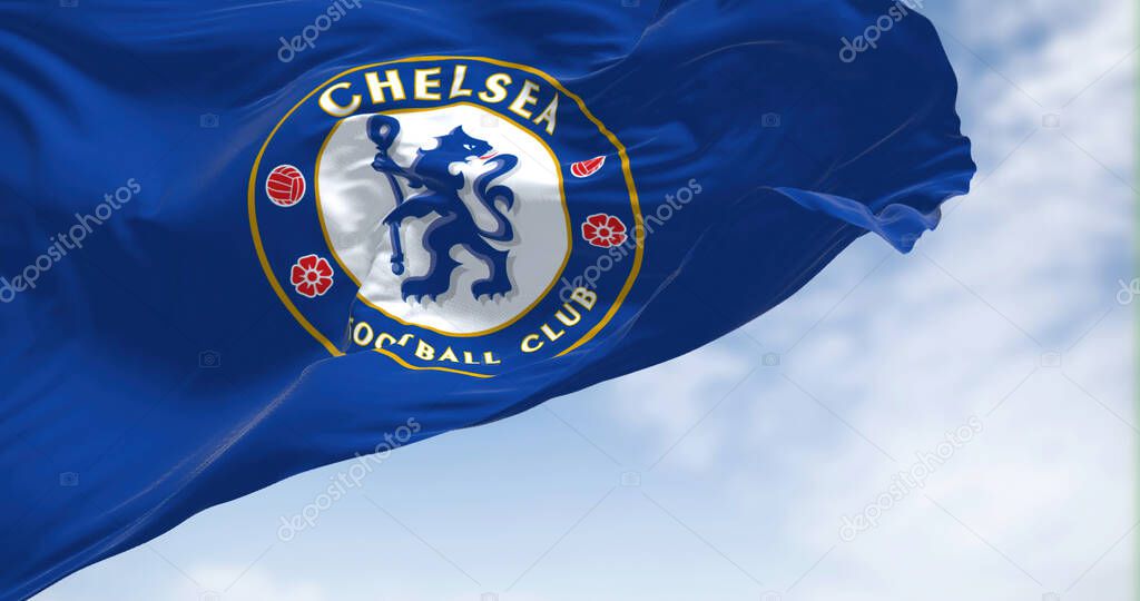 London, UK, May 2022: The flag of Chelsea Football Club waving in the wind on a clear day. Chelsea F.C. is a professional football club based in Fulham, London