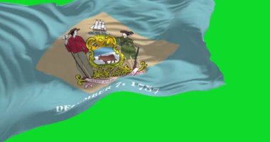 The state flag of Delaware waving in the wind isolated on a green background. Delaware is a state in the Mid-Atlantic region of the United States. Seamless loop in slow motion