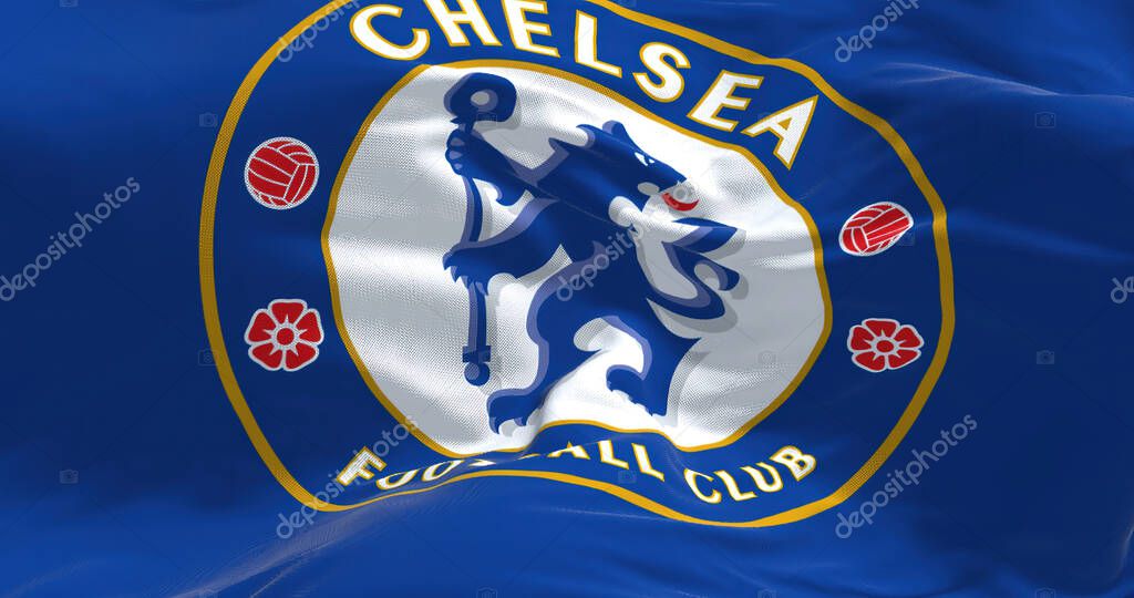 London, UK, May 2022: The flag of Chelsea Football Club waving in the wind. Chelsea F.C. is a professional football club based in Fulham, London