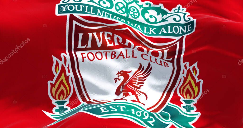 Liverpool, UK, July 2022: The flag of Liverpool Football Club waving. Liverpool F.C. is a professional football club based in Liverpool, England