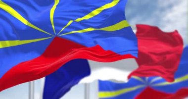 Flags of Reunion waving with the flag of France on a clear day. Reunion is an island in the Indian Ocean that is an overseas department and region of France. Seamless loop in slow motion