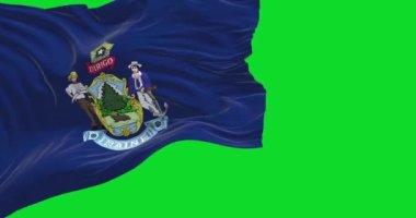 The US state flag of Maine waving iisolated on a green background. Maine is a state in the New England region of the United States. Seamless loop in slow motion. Chroma key