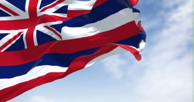 Havai eyaletinin bayrağı açık bir günde rüzgarda sallanıyor. Hawaii, Amerika Birleşik Devletleri 'nin batısında, Pasifik Okyanusu' nda bulunan bir eyalettir. Demokrasi ve bağımsızlık. Yavaş çekimde kusursuz döngü