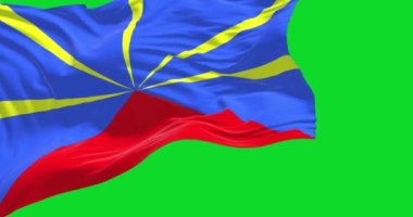 Rüzgarda dalgalanan Buluşma bayrağı yeşil bir arka planda izole edilmiş. Birleşme, Hint Okyanusu 'nda, Fransa' nın denizaşırı bir bölümü ve bölgesidir. Yavaş çekimde kusursuz döngü