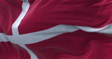 Close-up view of the Denmark national flag waving in the wind. Denmark is a Nordic country in Northern Europe. Fabric texture background. Selective focus. Seamless loop in slow motion