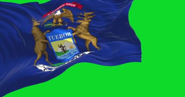 State Flag Michigan Waving Wind Isolated Green Background Michigan State — Αρχείο Βίντεο