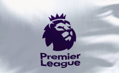 Londra, ENG, Temmuz 2022: Premier Lig bayrağının rüzgarda dalgalanması. Premier League, İngiliz futbol ligi sisteminin en üst seviyesidir. Kumaş desenli arka plan. İllüstrasyon Editörü