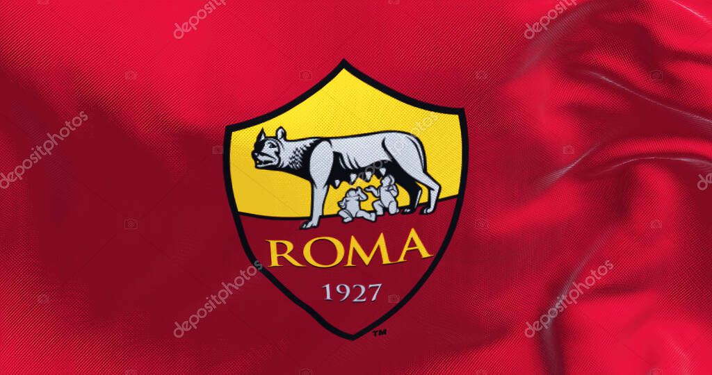 Rome, Italy, July 2022: The flag of AS Roma waving. AS Roma is a professional football club based in Rome. Fabric textured background