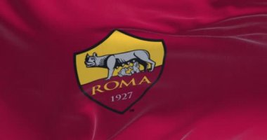 Rome, Italy, July 2022: The flag of AS Roma waving. AS Roma is a professional football club based in Rome. Fabric textured background. Seamless loop in slow motion