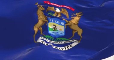 ABD 'nin Michigan bayrağı rüzgarda sallanıyor. MIchigan, Amerika Birleşik Devletleri 'nin orta batısında Büyük Göller Bölgesi' nde bir eyalettir. Demokrasi ve bağımsızlık. Kumaş desenli arka plan. Yavaş çekimde kusursuz döngü