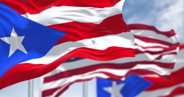 Flags Puerto Rico Waving Wind United States Flag Clear Day — Vídeos de Stock