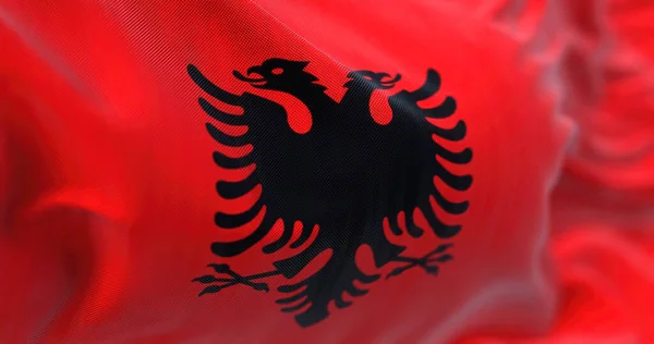 Close View Albanian National Flag Waving Wind Albania Country Southeastern — Stok fotoğraf