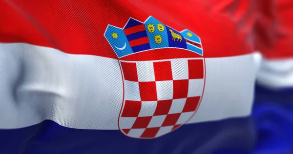 Close View Croatian National Flag Waving Wind Croatia Country Crossroads — Zdjęcie stockowe