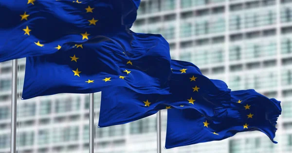 Group Flags European Union Waving Wind Front European Parliament Building — Foto de Stock