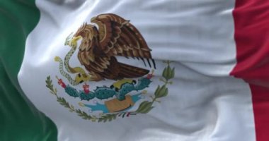 Close-up view of the mexican national flag waving in the wind. Mexico is a country in the southern portion of North America. Fabric textured background. Selective focus. Seamless loop in slow motion