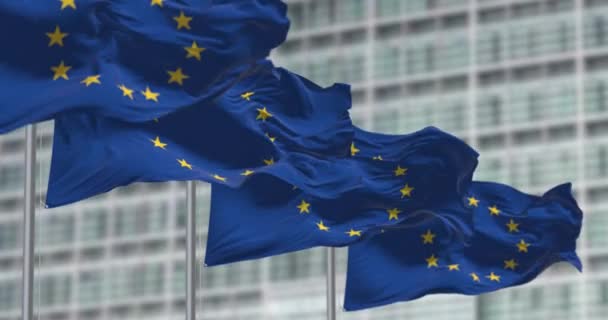Group Flags European Union Waving Wind Front European Parliament Building — Stockvideo
