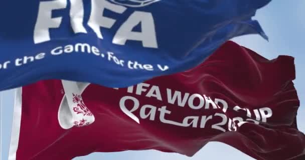 Doha Qatar Januari 2022 Vlaggen Met Fifa Qatar 2022 Logo — Stockvideo