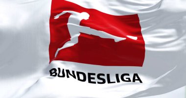Munich, GER, July 2022: Close-up of the Bundesliga flag waving in the wind. Bundesliga is a professional association football league in Germany. Illustrative editorial