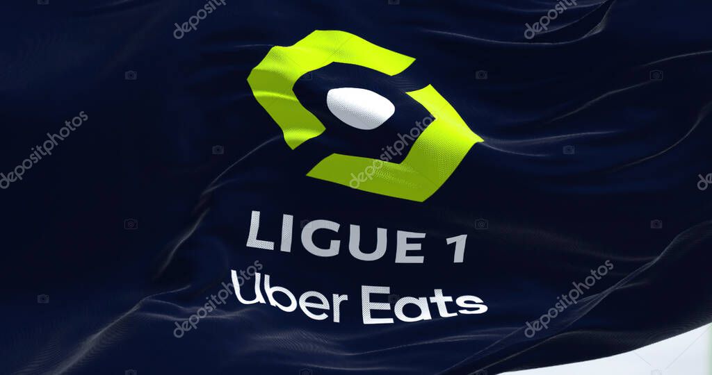 Paris, FRA, July 2022: Close-up of the Ligue 1 flag waving in the wind. Ligue 1 is a French professional league for men association football clubs. Illustrative editorial