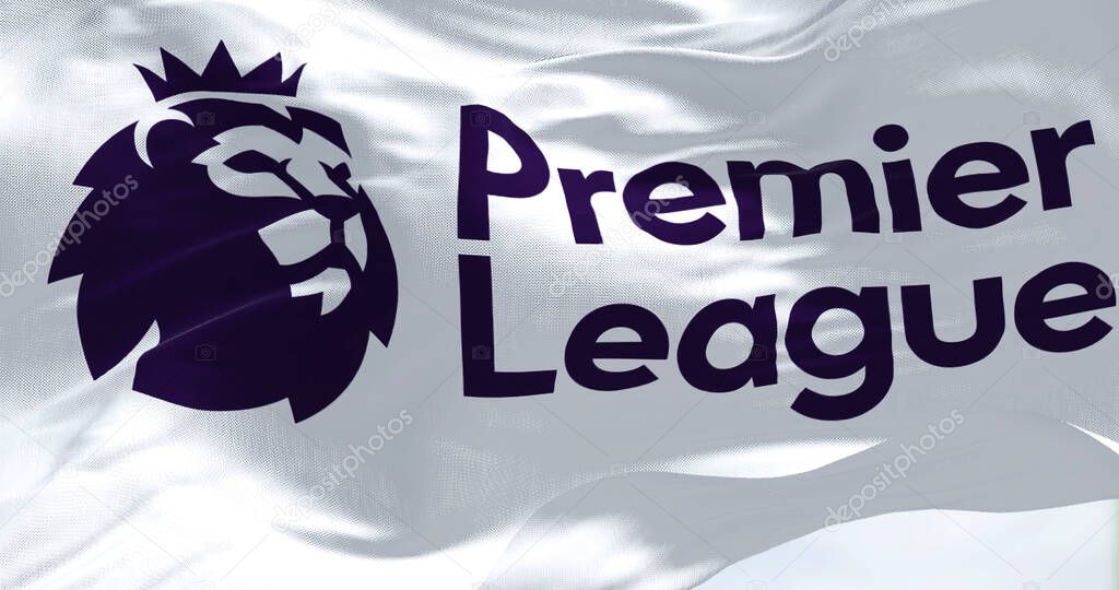 London, ENG, July 2022: Close-up of the Premier League flag waving in the wind. Premier League is the top level of the English football league system. Illustrative editorial