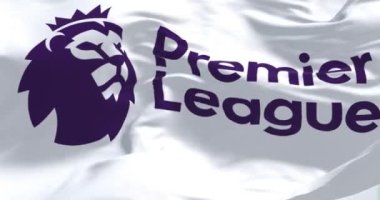 London, ENG, July 2022: Close-up of the Premier League flag waving in the wind. Premier League is the top level of the English football league system. Fabric textured background. Illustrative editorial. Seamless loop in slow motion