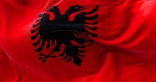 Close View Albanian National Flag Waving Wind Albania Country Southeastern — Stok fotoğraf