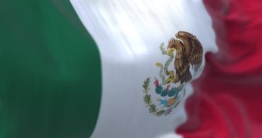 Close-up view of the mexican national flag waving in the wind. Mexico is a country in the southern portion of North America. Fabric textured background. Selective focus. Seamless loop in slow motion