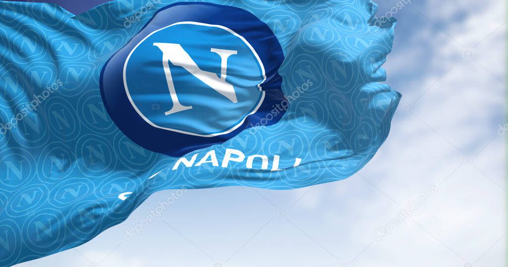 Naples, Italy, July 2022: The flag of SSC Napoli waving. SSC Napoli is a professional football club based in Naples, Italy.