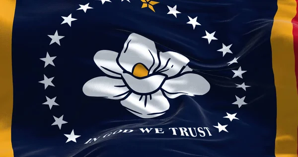 Close-up view of the Mississippi state flag waving. Mississippi is a state in the Southeastern region of the United States. Fabric textured background