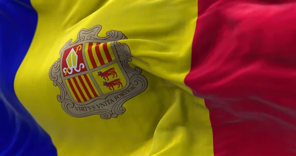 Close View Andorran National Flag Waving Wind Andorra Sovereign Landlocked — 스톡 사진