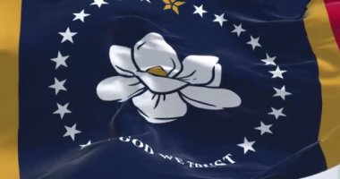 Close-up view of the Mississippi state flag waving. Mississippi is a state in the Southeastern region of the United States. Fabric textured background. Seamless loop in slow motion