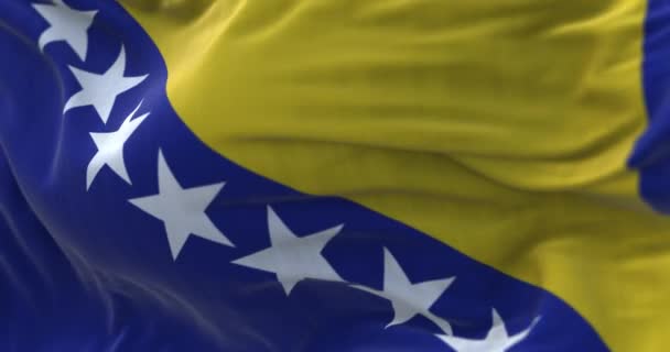 Close View Bosnia Herzegovina National Flag Waving Wind Fabric Textured — ストック動画