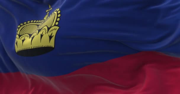 Close View Liechtenstein Flag Waving Wind Fabric Textured Background Selective — Stock Video