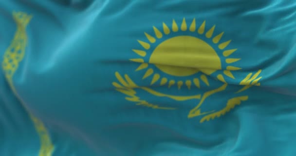Close View Kazakhstan National Flag Waving Wind Fabric Textured Background — Vídeo de Stock
