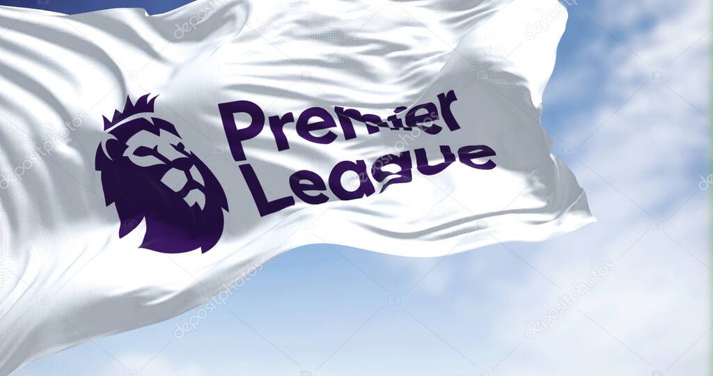 London, ENG, July 2022: Close-up of the Premier League flag waving in the wind. Premier League is the top level of the English football league system. Illustrative editorial