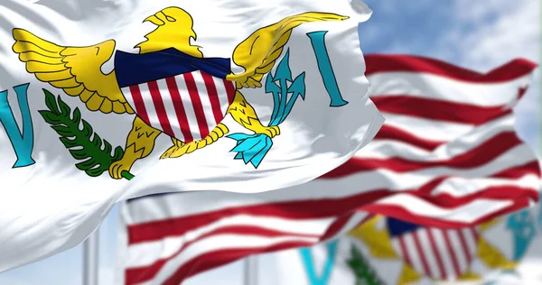 Flaggor Usa Jungfruöarna Vinkar Vinden Med Den Amerikanska Flaggan Klar — Stockfoto