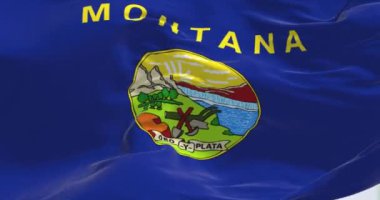 Montana eyaletinin bayrağının dalgalandığı yakın çekim görüntüsü. Montana, ABD 'nin batı kesiminde bulunan bir eyalettir. Kumaş desenli arka plan. Yavaş çekimde kusursuz döngü