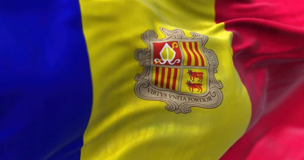 Close View Andorran National Flag Waving Wind Andorra Sovereign Landlocked — 스톡 사진