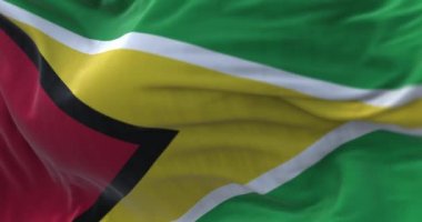 Guyana ulusal bayrağının dalgalanma görüntüsü. Guyana Kooperatif Cumhuriyeti Güney Amerika 'nın bir ülkesidir. Kumaş desenli arka plan. Seçici odaklanma. Yavaş çekimde kusursuz döngü