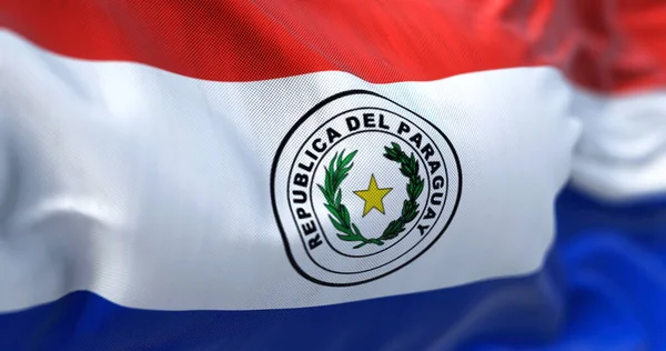 Vista Perto Bandeira Nacional Paraguai Acenando Vento República Paraguai País — Fotografia de Stock