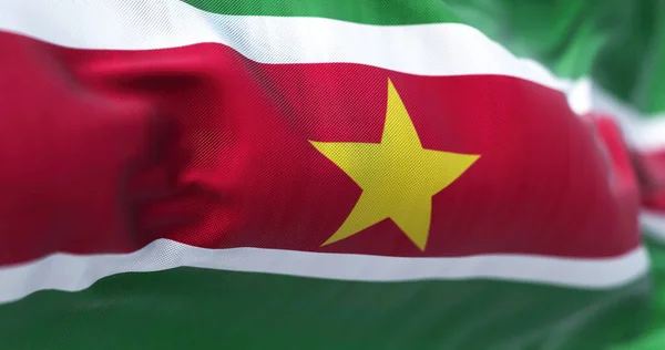 Voorgrond Zicht Surinaamse Vlag Wapperend Wind Suriname Een Land Aan — Stockfoto