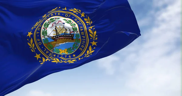 新罕布什尔州的国旗在风中飘扬 新罕布什尔州是美国东北部新英格兰地区的一个州 我们州的国旗 — 图库照片