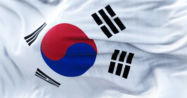 Vista Cerca Bandera Nacional Corea Del Sur Ondeando Viento República — Foto de Stock