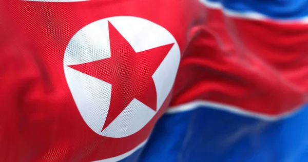 Vista Cerca Bandera Nacional Corea Del Norte Ondeando Viento República — Foto de Stock