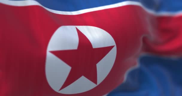 Närbild Nordkoreas Nationella Flagga Viftar Demokratiska Folkrepubliken Korea Ett Land — Stockvideo