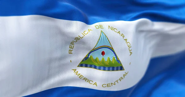 Vista Perto Bandeira Nacional Nicarágua Acenando Vento República Nicarágua Estado — Fotografia de Stock